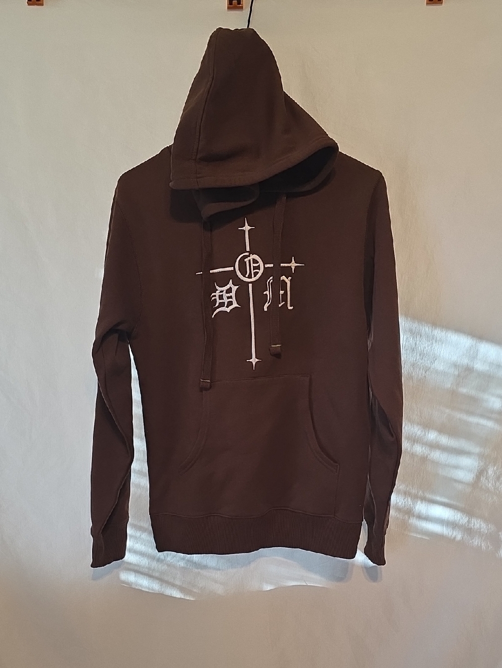 Men's Brown Hooded Pullover Sweatshirt with Cross Graphic